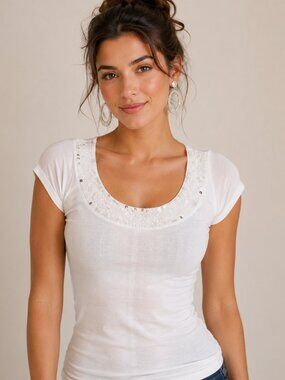 Jennifer Lopez White Sequin Scoop Neck Zip Back Top Size M